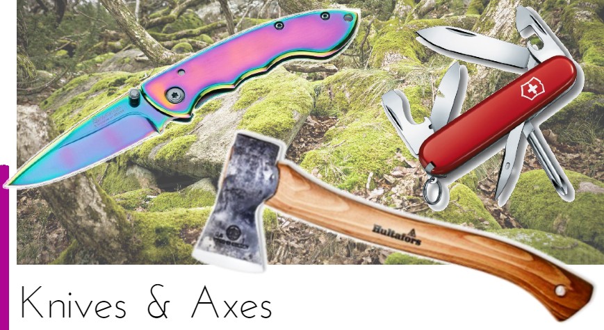 Bushcraft, hunting blades, Swiss Army, Leatherman multitools.